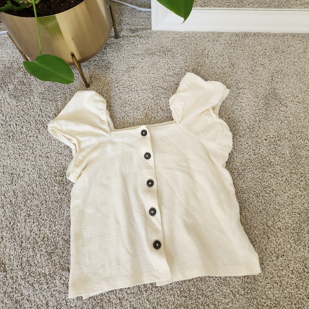 Madewell Cream Jacquard Square-Neck Puff Sleeve Top